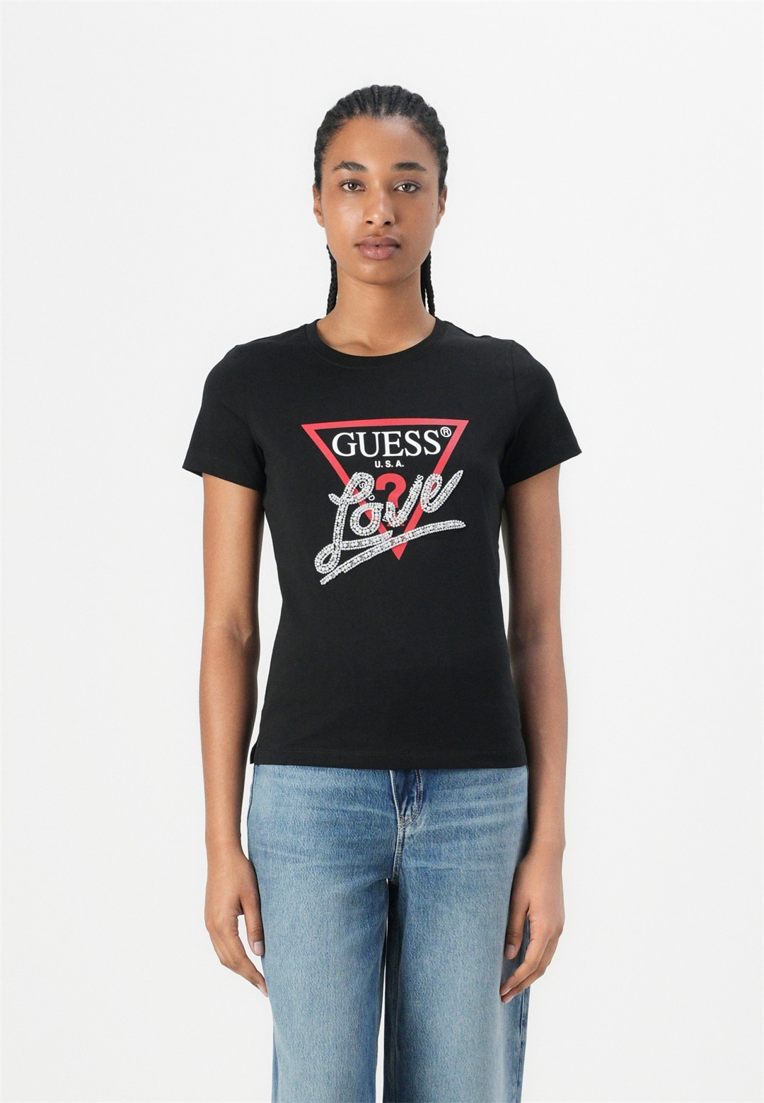 Guess PEARLS LOVE TRIANGLE TEE - T-Shirt print - jet black/schwarz Guess PEARLS LOVE TRIANGLE TEE - T-Shirt print - jet black/schwarz