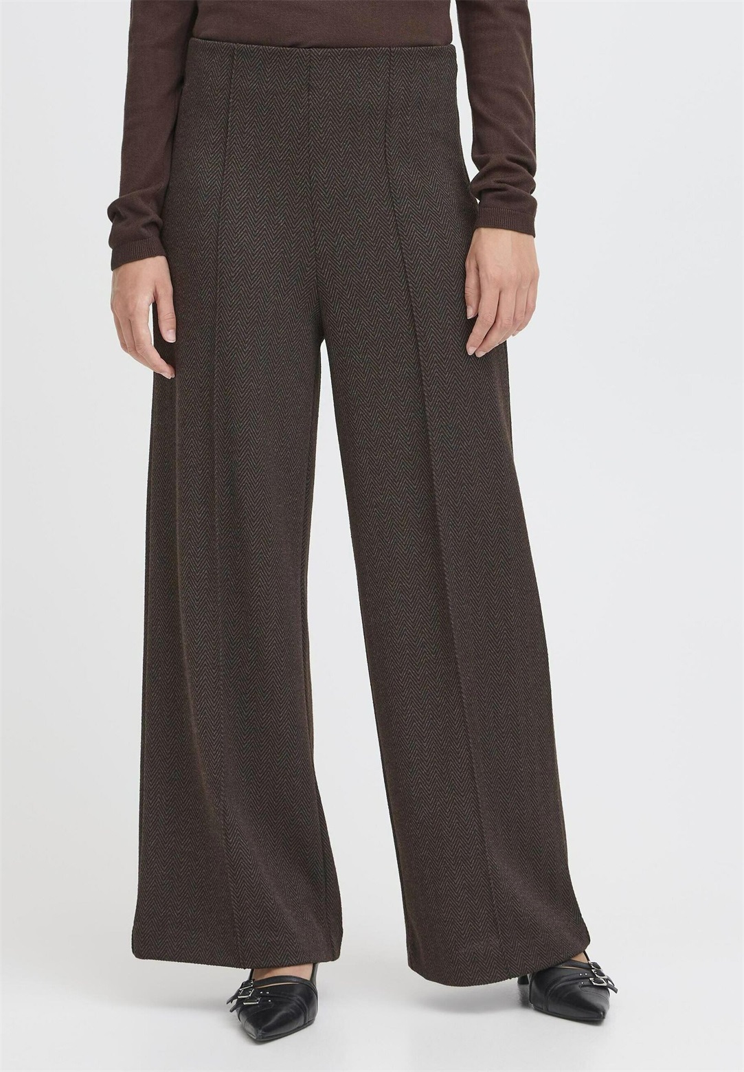ICHI IHKATE JACQUARD - Stoffhose - black brown herringbone/schwarz