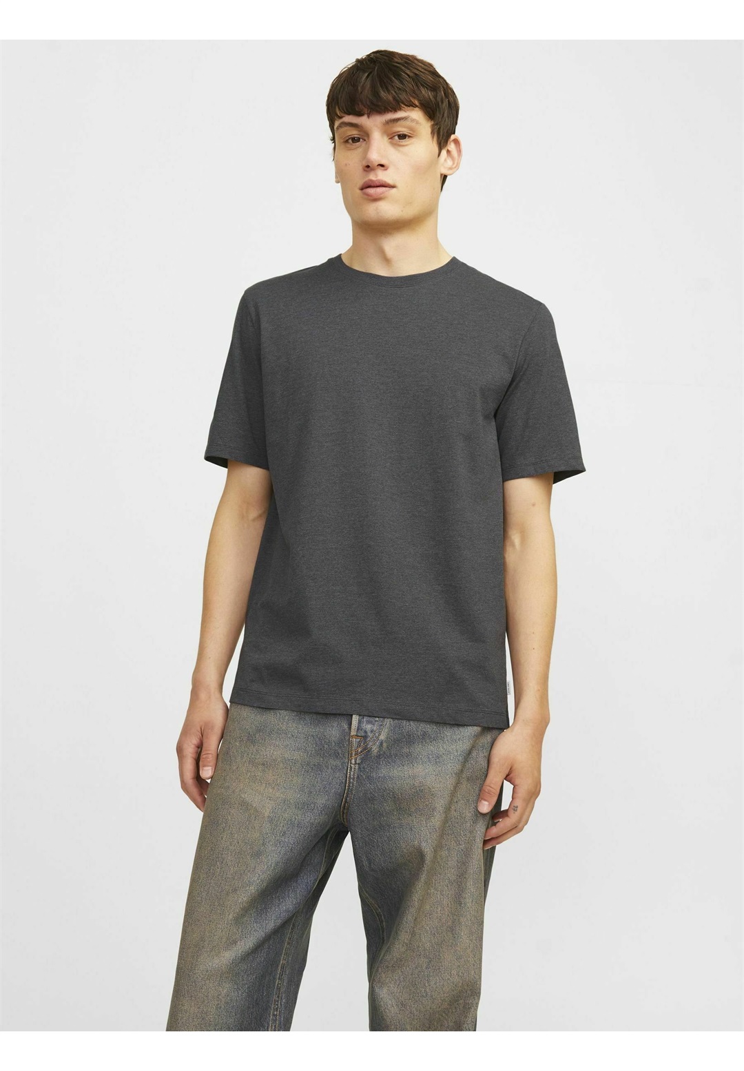 Jack & Jones MELANGE TEE NECK NOOS - T-Shirt basic - dark grey melange/dunkelgrau-meliert
