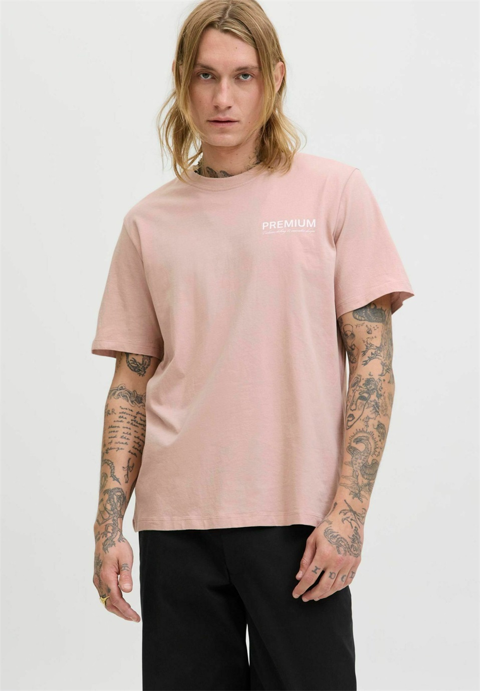 Jack & Jones PREMIUM RUNDHALSAUSSCHNITT - T-Shirt print - adobe rose/pink meliert