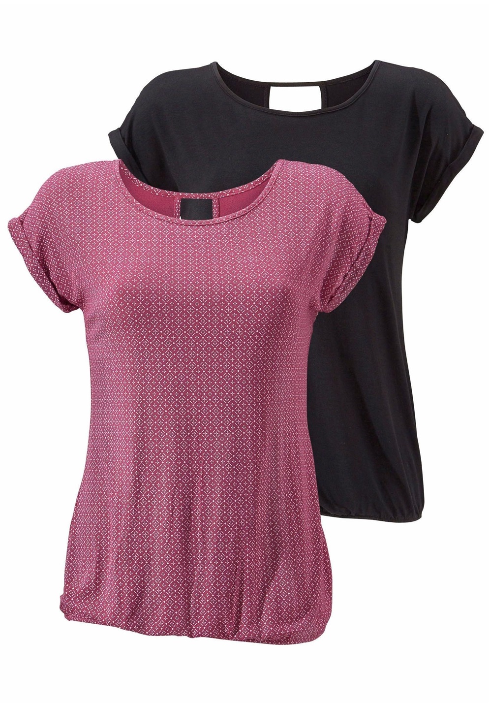 LASCANA 2 pack - T-Shirt print - beere-gemustert+schwarz-uni/schwarz