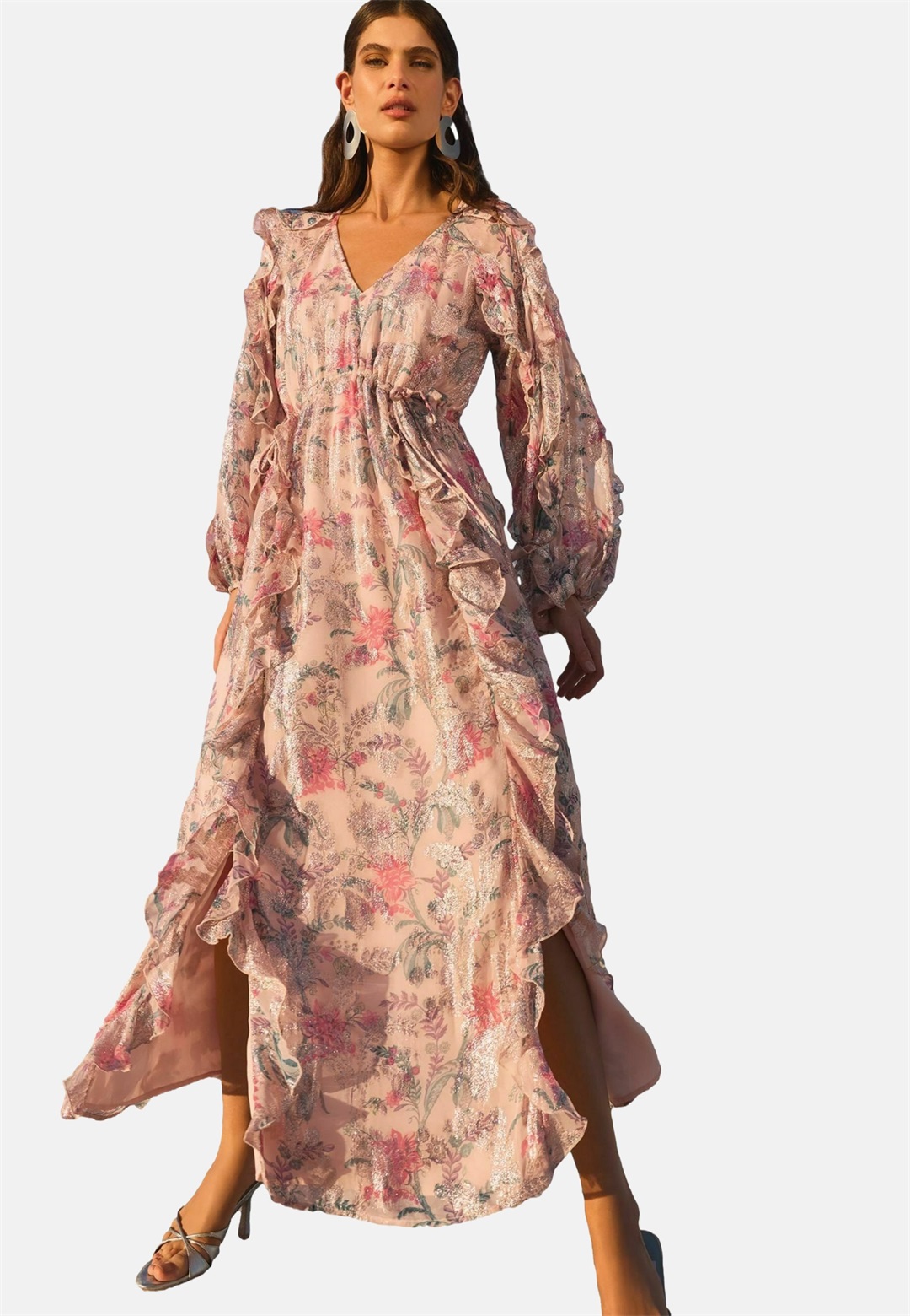 Love & Roses REGULAR FIT - PRINTED RUFFLE V-NECK - Maxikleid - pink floral/pink