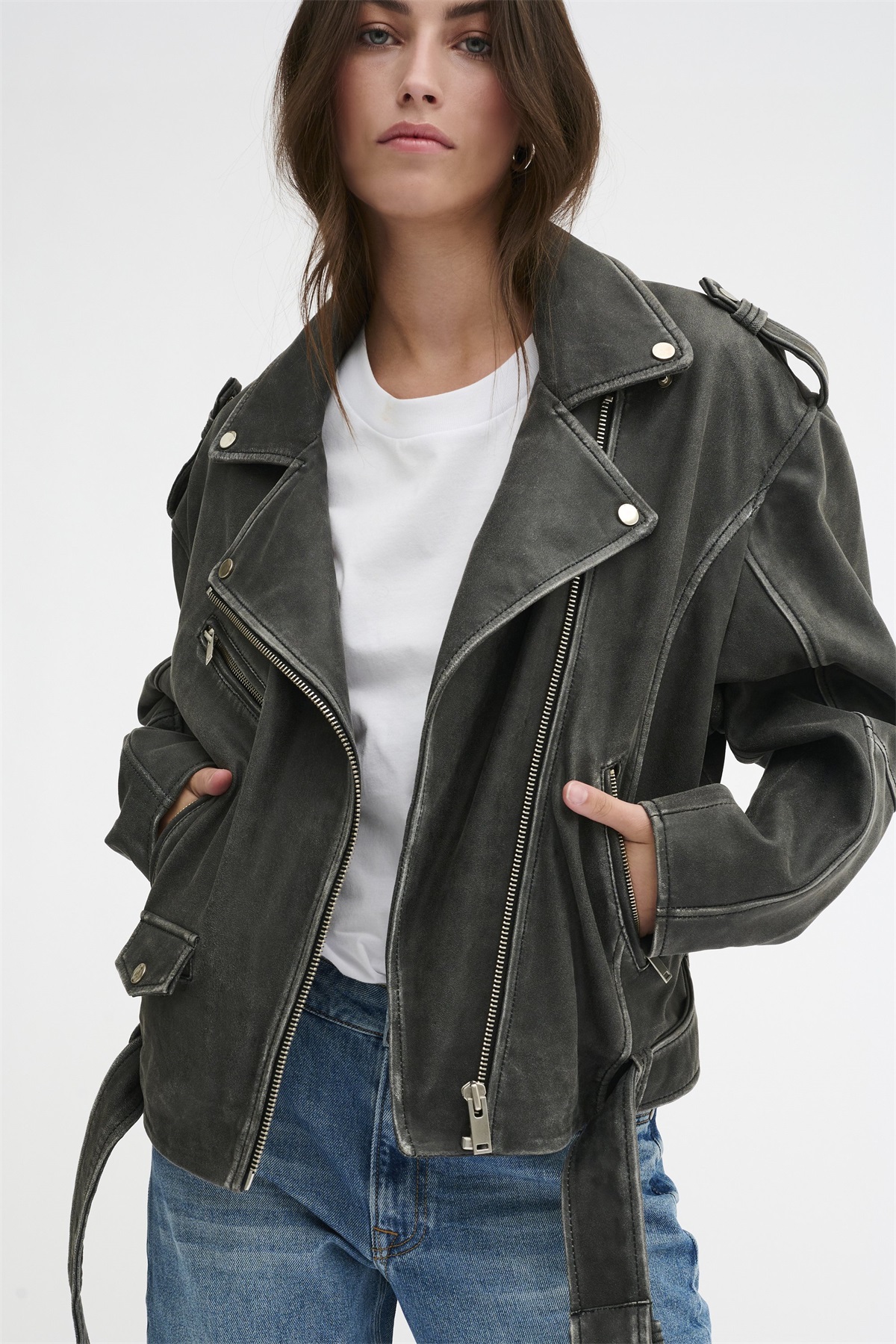 My Essential Wardrobe Lederjacke - medium grey retro wash/grau
