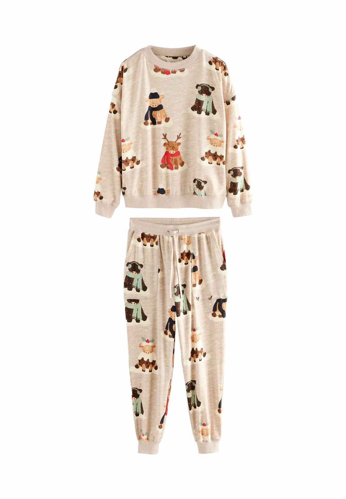 Next TALL FIT - MATCHING FAMILY CHRISTMAS COSY LONG SLEEVE SET - Nachtwäsche Set - oatmeal hamish the highland cow/beige
