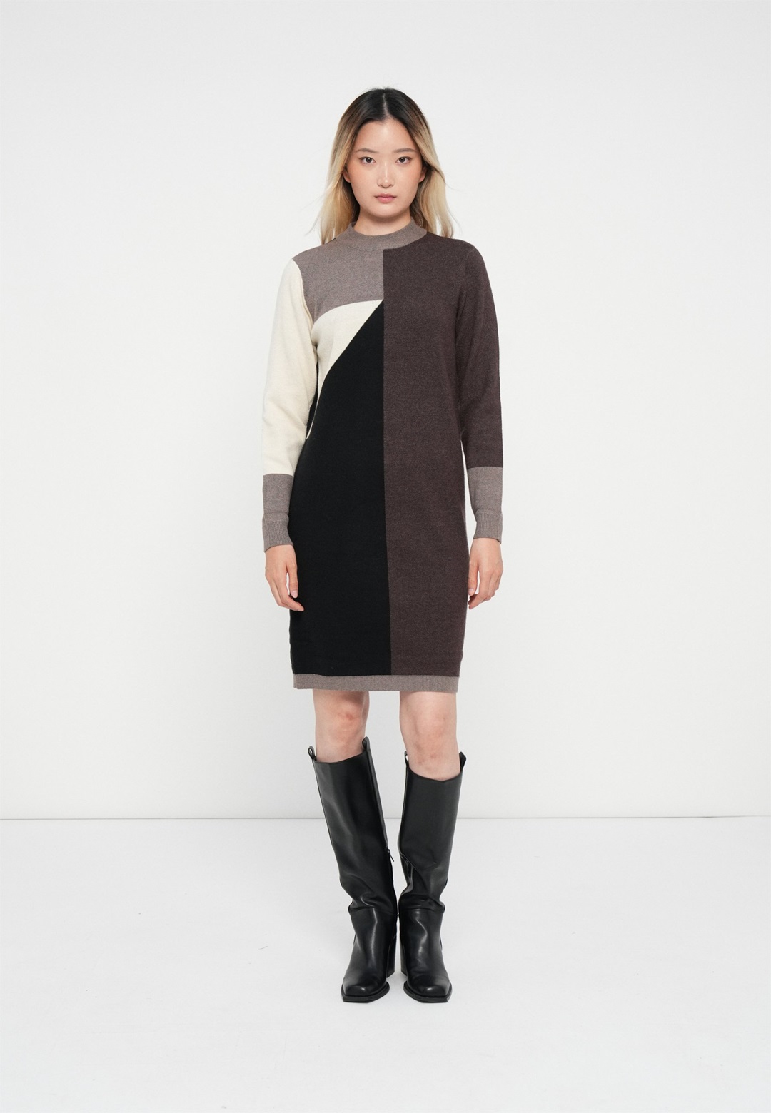 Object OBJRAY DRESS - Strickkleid - seal brown/sandshell/black/dunkelgrau