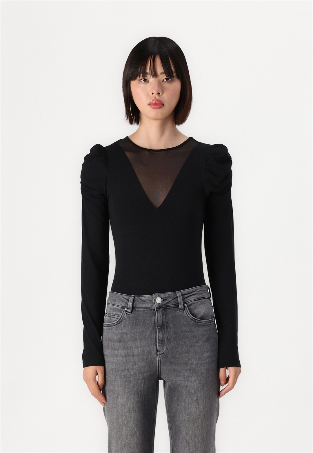 ONLY ONLZAYLA PUFF V NECK - Langarmshirt - black/schwarz
