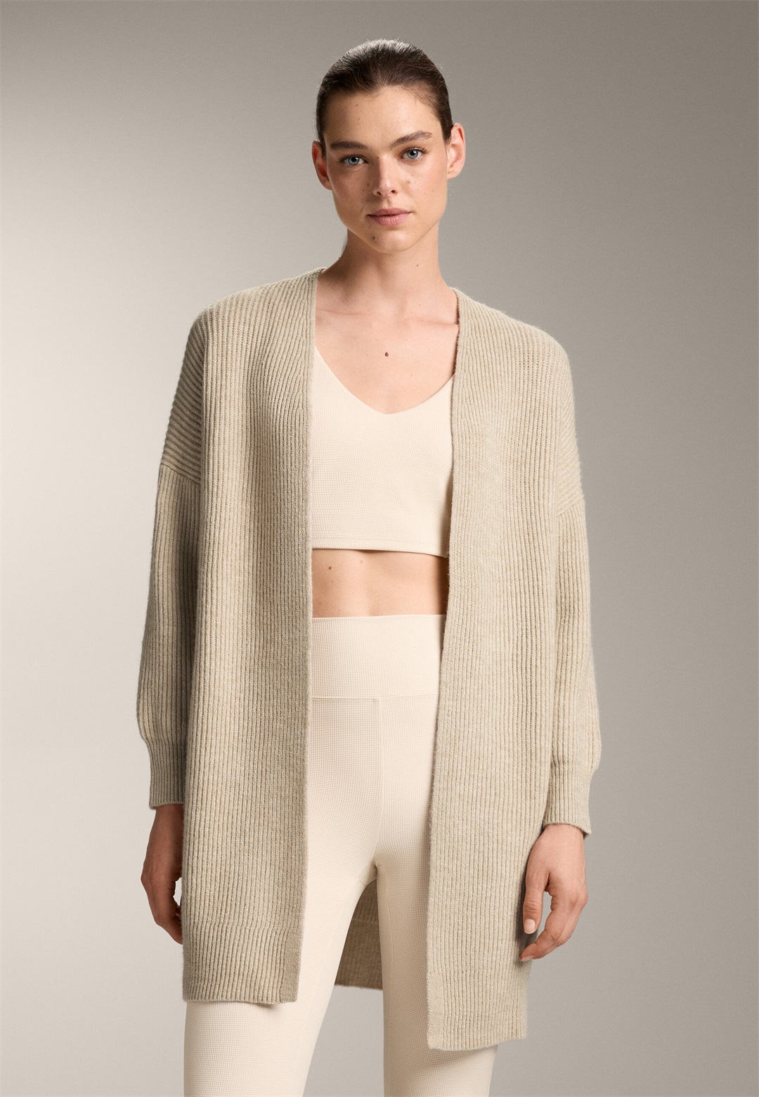 OYSHO LONG RIB KNIT - Strickjacke - stone/stein