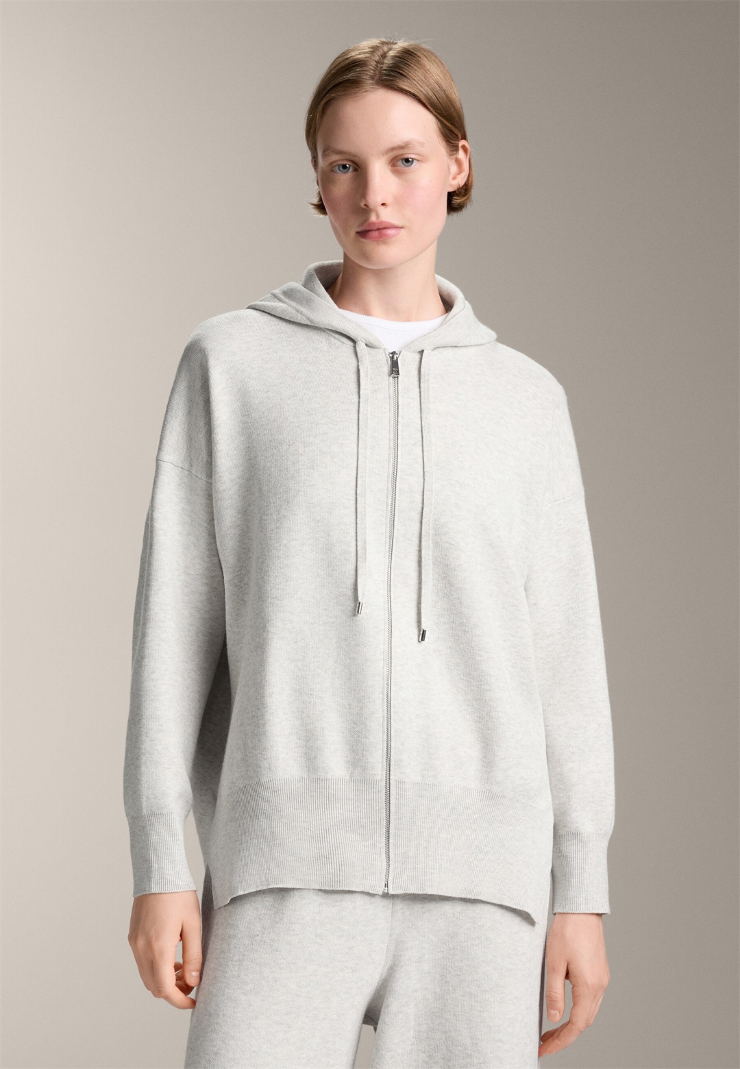 OYSHO HOODED LONG KNIT - Strickjacke - mottled light grey/hellgrau-meliert