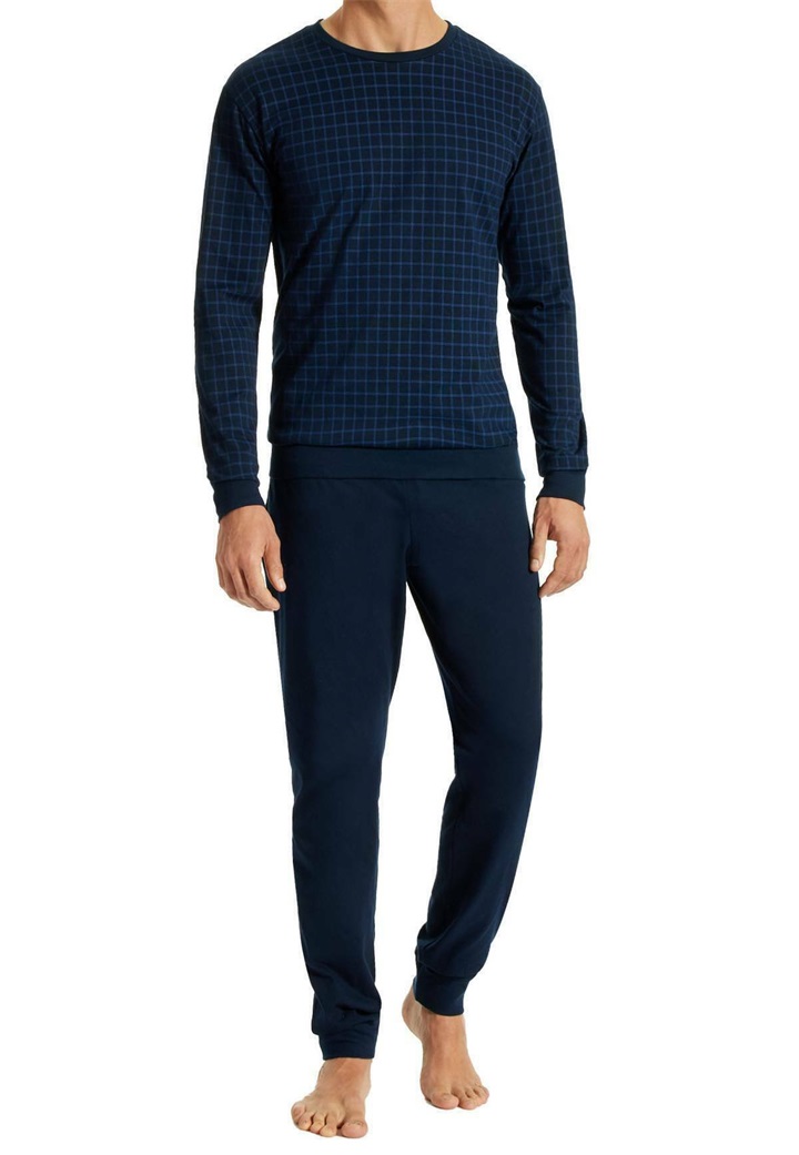 uncover by Schiesser SCHLAFANZUG LANG MIT BÜNDCHEN RUNDHALS - Nachtwäsche Set - dunkelblau/blau