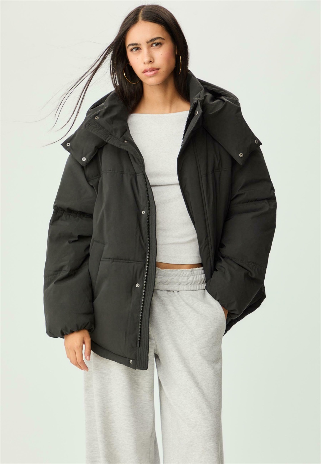 Stradivarius HOODED PUFFER - Wintermantel - black/schwarz