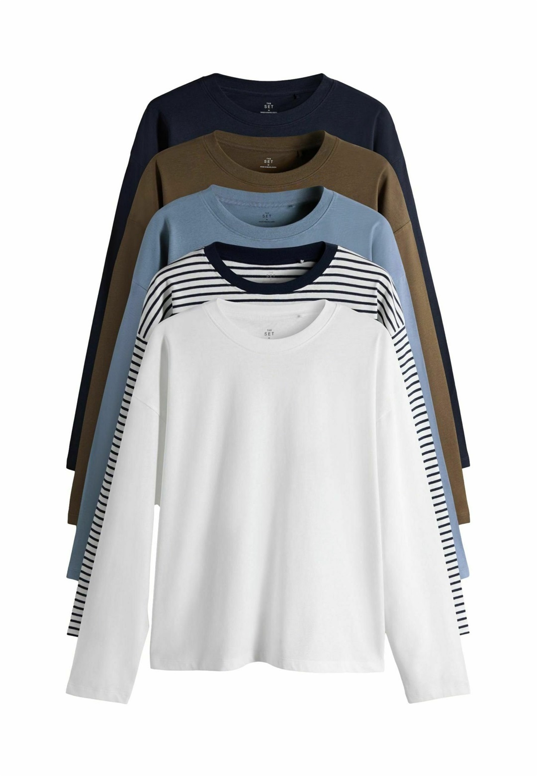 THE SET REGULAR FIT - 5 PACK LONG SLEEVE - Langarmshirt - navy white brown light blue stripe/weiß