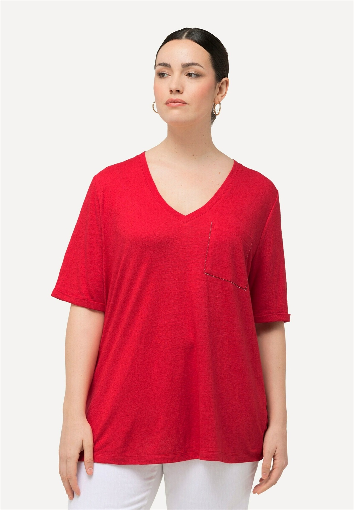 Ulla Popken TEXTURED SHORT SLEEVE V-NECK - T-Shirt basic - coral/koralle