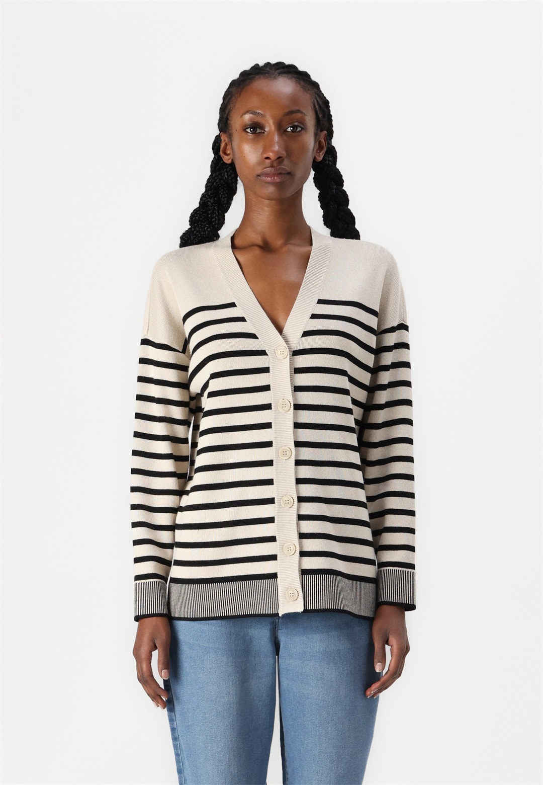 VILA VIOSTRIA V NECK - Strickjacke - feather gray/black beauty/beige