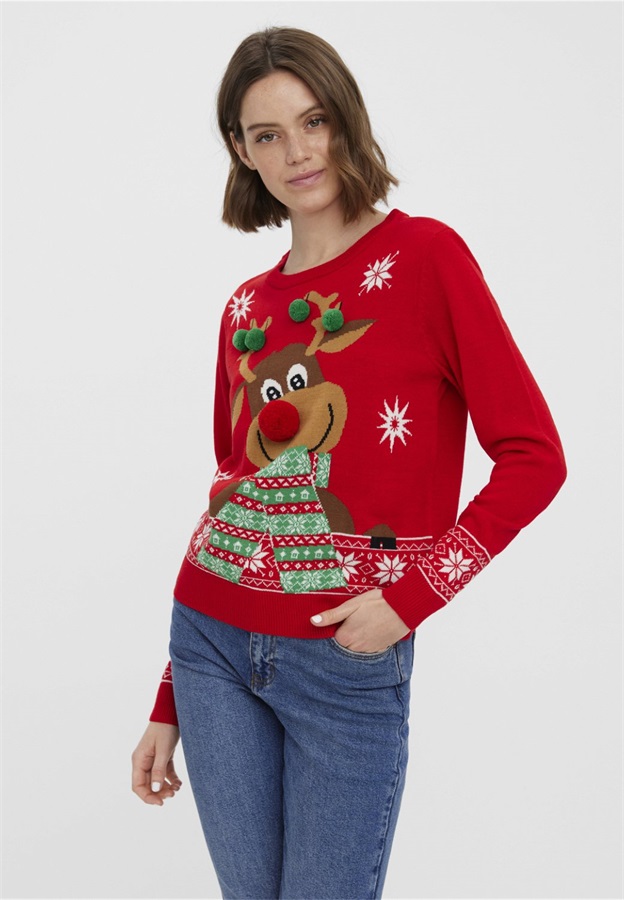 Vero Moda VMNEWFROSTYDEER O NECK XMAS - Strickpullover - chinese red/rot